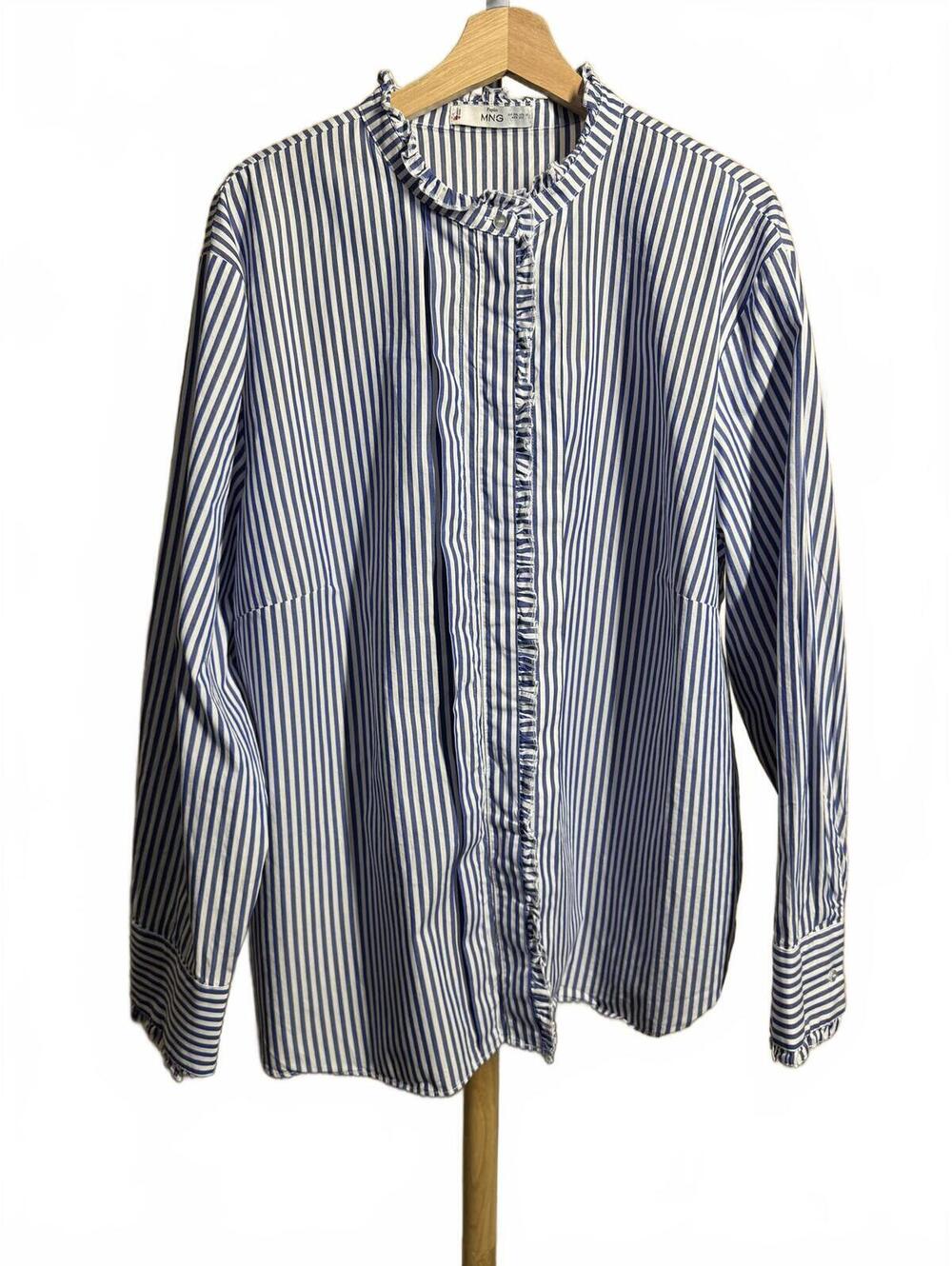 MNG Blue and White Striped Poplin Blouse with Ruffle Collar